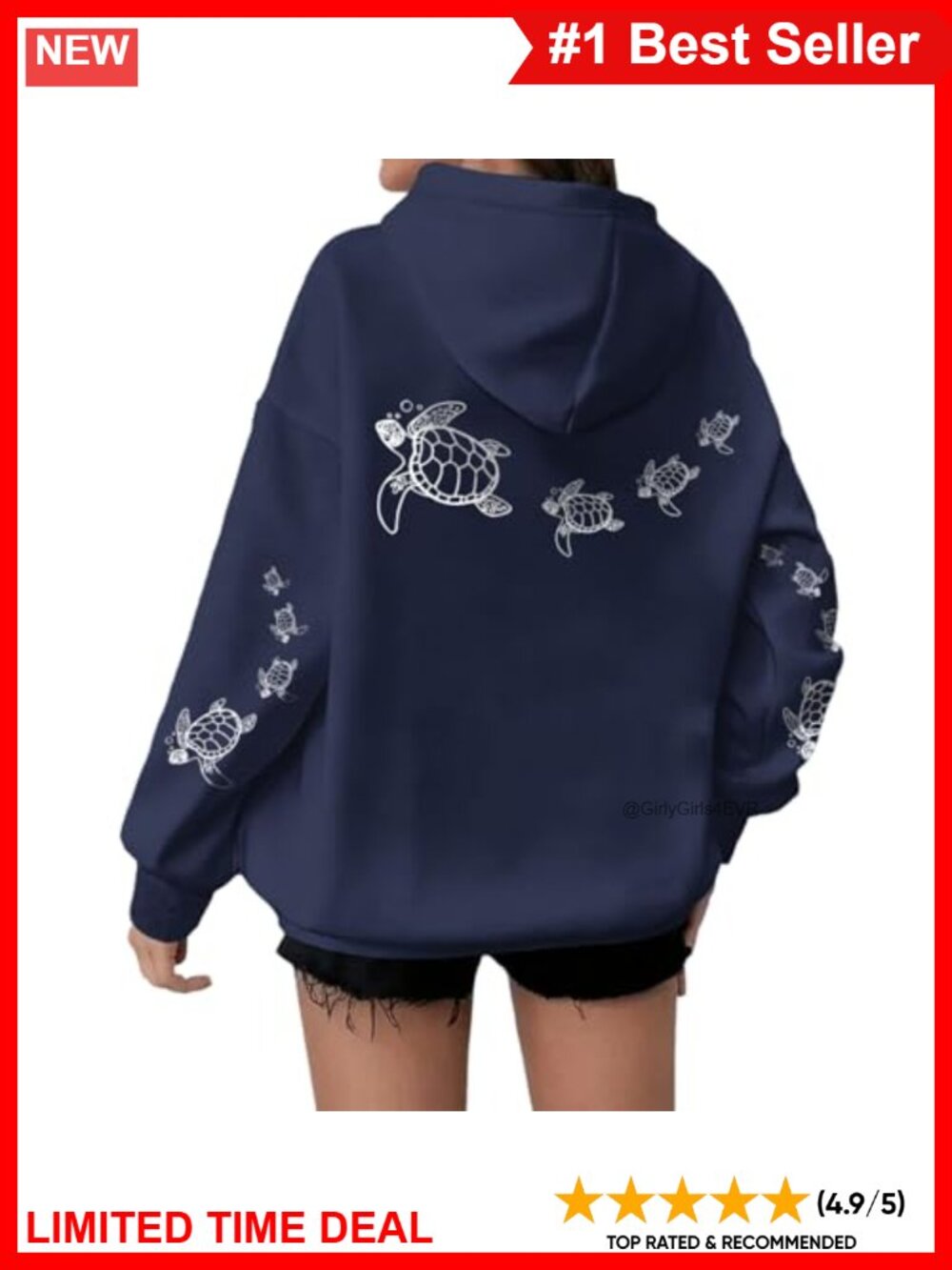 Oversized Sea Turtle Graphic Hoodie Cotton Blend Fleece Pullover Casual